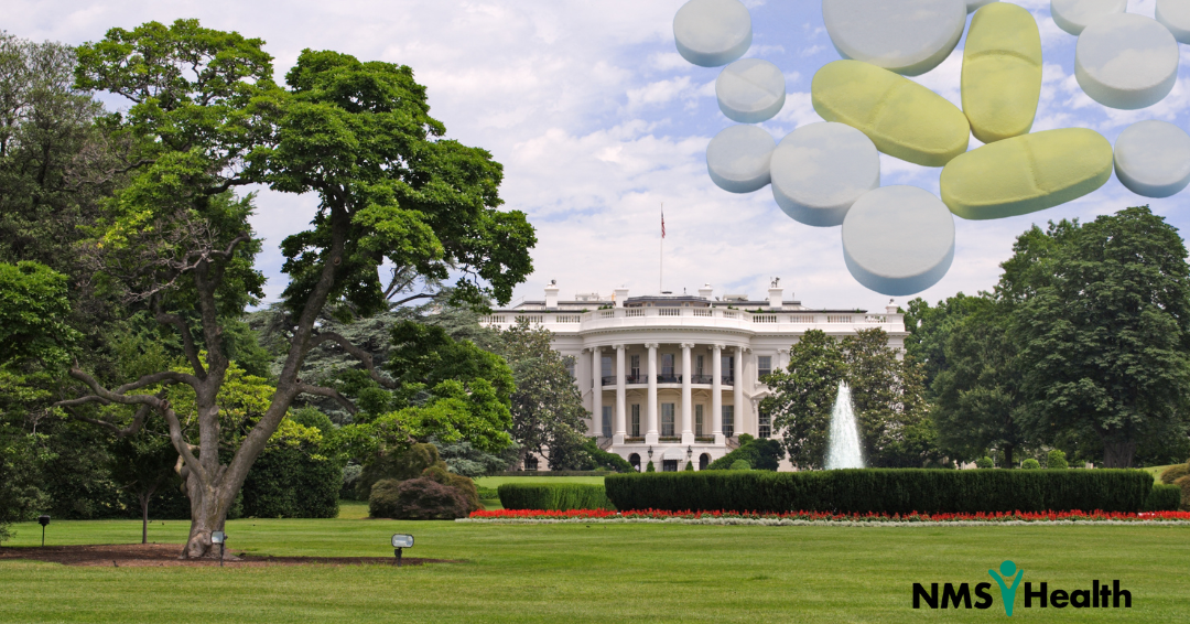 White House with transparent pills in upper right-hand corner